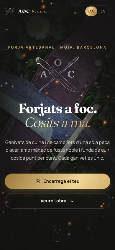 Web de AOC Knives, cuchillos artesanales, vista en el móvil