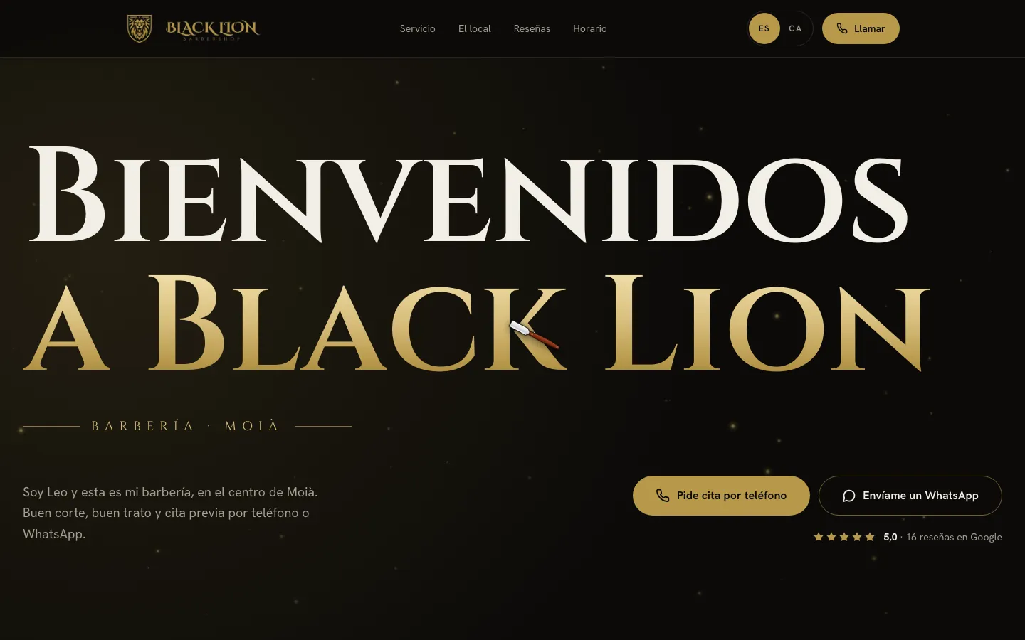 Web de Black Lion Leo Barber Shop, barbería en Moià, vista en ordenador