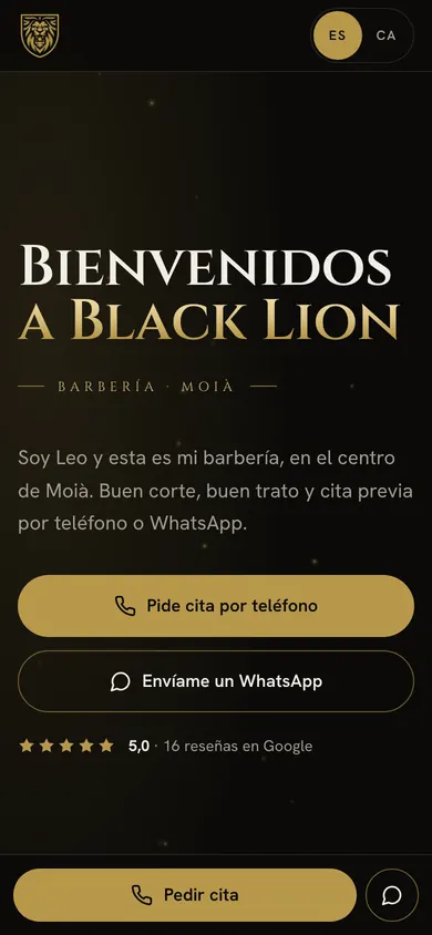 Web de Black Lion Leo Barber Shop, barbería en Moià, vista en el móvil