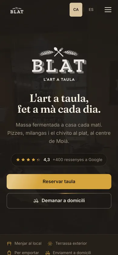 Web de BLAT, restaurante en Moià, vista en el móvil