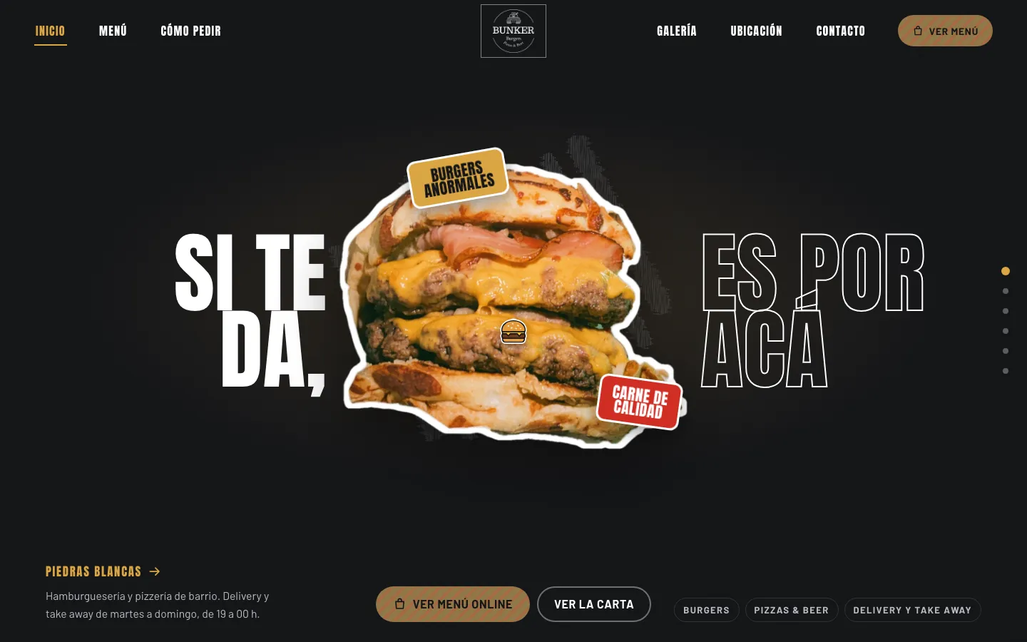 Portada de la web de Bunker Burgers, hamburguesería y pizzería en Montevideo