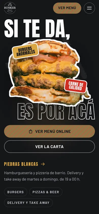 Web de Bunker Burgers, hamburguesería y pizzería en Montevideo, vista en el móvil